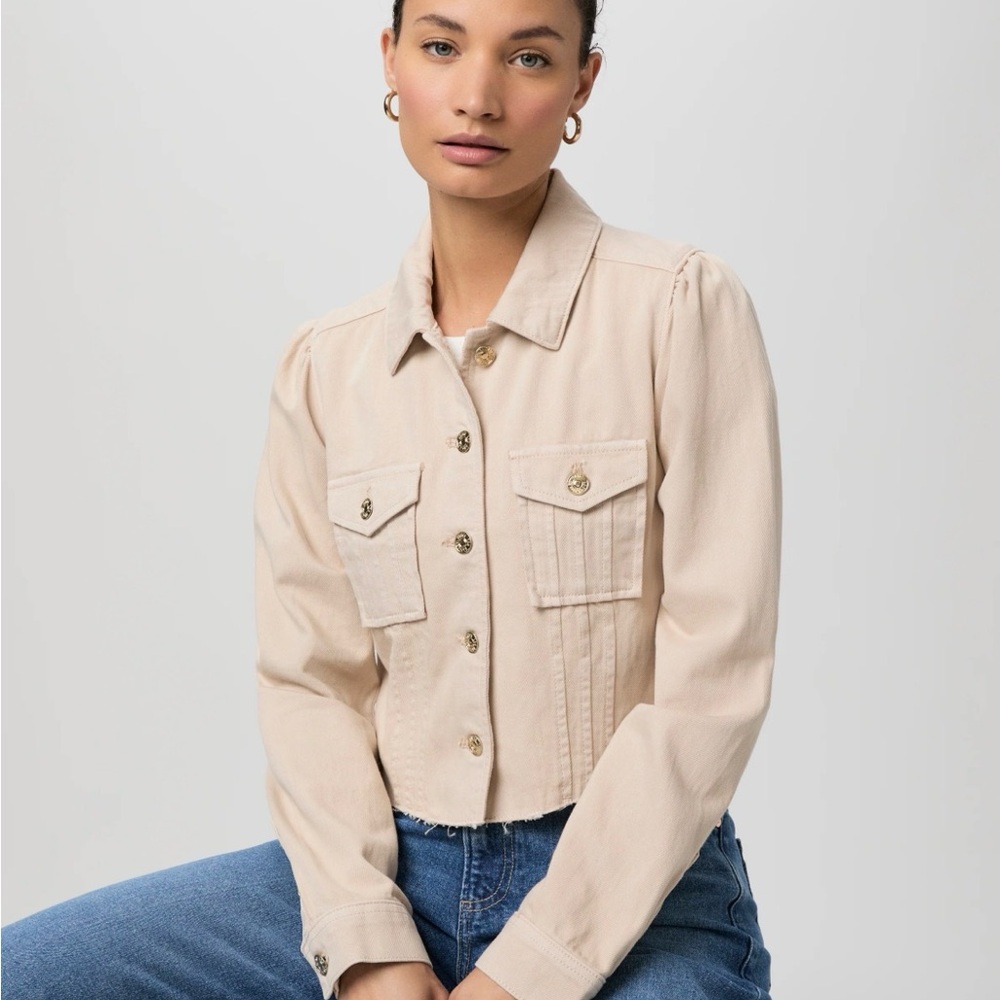 PAIGE Cropped Pacey Denim Jacket Beige Utility Boxy Fit Puff Sleeve Small